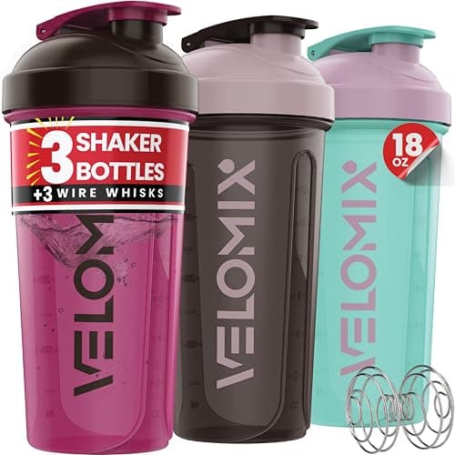 VELOMIX -3 PACK- 18 oz Protein Shaker Bottle for Protein Mixes - 3x Wire Whisk | Leak Proof Shaker Cups for Protein Shakes | Stackable Protein Shaker Bottle Pack | Dishwasher Safe