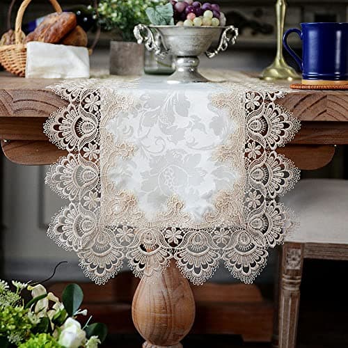 ARTABLE Lace Table Runner Macrame Farmhouse Boho Christmas Rustic Embroidered Dresser Scarf Oblong for Wedding Shower Kitchen Outdoor Party Decor (Light Brown, 16 x 96 Inch)