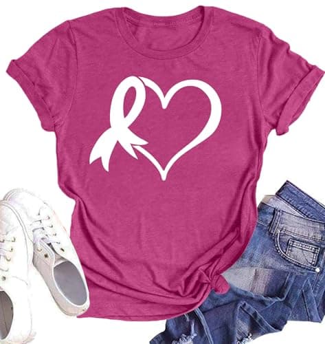 Pink Ribbon Shirts for Women Breast Cancer Awareness T-Shirt Inspirational Breast Cancer Short Sleeve Tee Tops