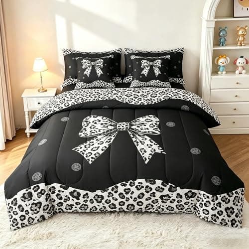 Feelyou Black Leopard Bowknot Comforter Set with Sheets 7 Piece Full Size Girls Princess Bow Bedding Set for Kids Boys Girls Cheetah Bed in a Bag Bow Tie Room Decor Soft Lightweight Microfiber