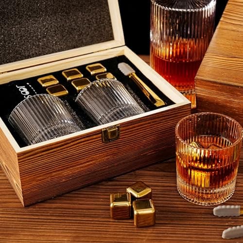 Whiskey Glasses Set of 2 - Whiskey Gifts Set with 6 Gold Chilling Stones，Whiskey Glass and Stones Set ，Unique Bourbon Gifts for Men Dad Birthday Anniversary Father's Day Christmas