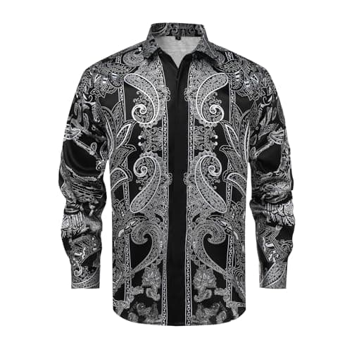 GSBOGOSSE Mens Luxury Brand Print Silk Satin Design Button Down Dress Shirt