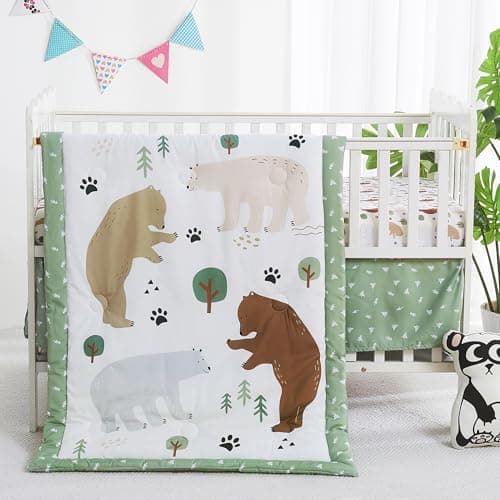 lasoftan 3 Piece Baby Crib Bedding Set, Infant Nursery Bed Set Decor with Quilt + Fitted Crib Sheet + Skirt, Baby Bedding Set Breathable and Soft for Baby Boy and Girl - Forest Bear