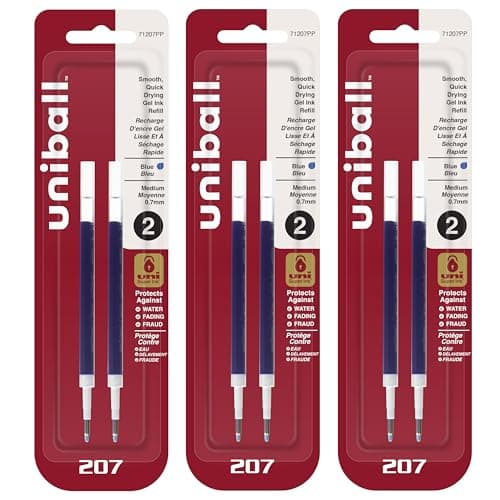 Uni-Ball Signo 207 Gel Pen Refills, 0.7mm, Medium Point, Blue Ink, Pack of 6