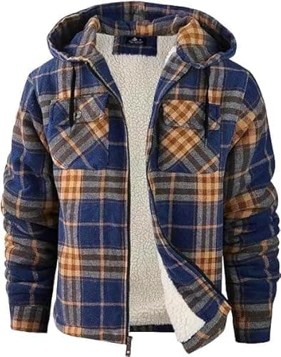 ZITY Men's Flannel Hooded Jacket Fleece Sherpa Lined Plaid Shirts Jackets Zip Up Sweatshirt Hoodies for Men with 4 Pockets Blue Orange XX-Large