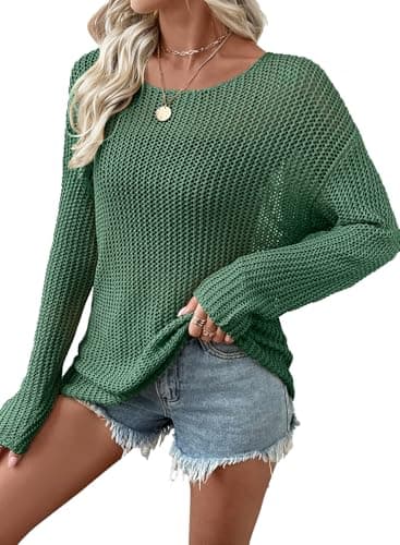 EVALESS Sweaters for Women Sexy Spring Summer Crochet Hollow Out Knit Boho Tops Cute Crewneck Long Sleeve Beach Vacation Clothes Cruise Outfits for Women 2026 Green Medium