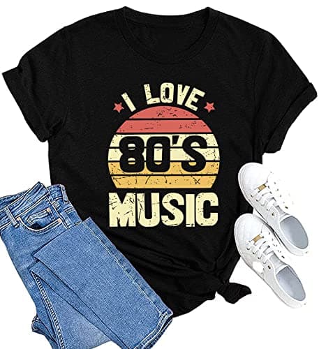 MAIHUN 80s Music Shirt for Women I Love 80's Music Shirts Old Music Fans Vintage Tee Tops Black