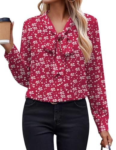 Zeagoo Long Sleeve Blouses for Women Casual Chiffon Office Red Shirts Bow Tie Formal Wear Ladies Polka Dot Tops