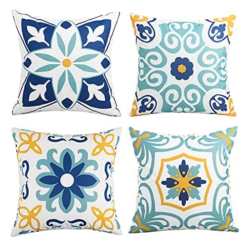 Pyonic Outdoor Waterproof Throw Pillow Covers Set of 4 Floral Printed and Boho Farmhouse Outdoor Pillow Covers for Patio Funiture Garden 24x24 Inch Blue