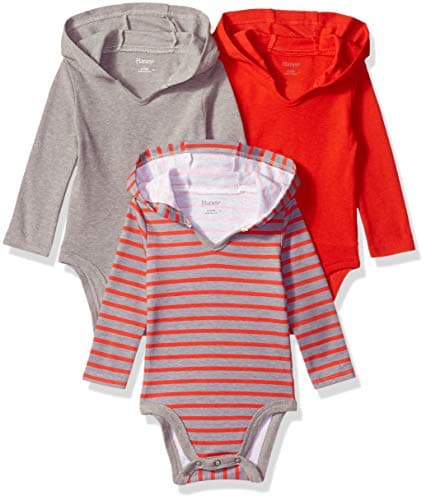 Hanes Ultimate Baby Flexy 3 Pack Hoodie Bodysuits, Red/Grey Stripe, 0-6M