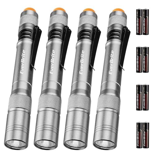 EverBrite Pen Light, 100LM Pocket Flashlights, Aluminum LED Pen Flashlights with Clip, 8 AAA Batteries Included, Pocket Flashlight for Camping, Emergency, Mechanic, Pack of 4, Gray
