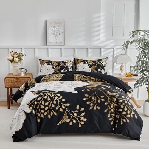 mixinni Floral Comforter Set King Size,3 Pieces Botanical Bedding Comforter Sets, White Flowers and Gold Leaves Printed on Black, Soft Fluffy Reversible Farmhouse Boho Comforter for All Season