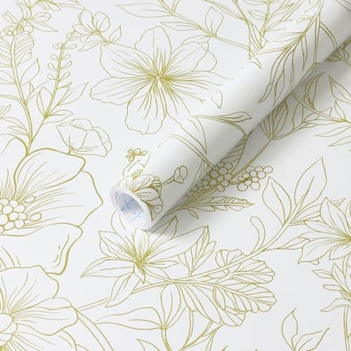 GloryTik Peel and Stick Wallpaper Floral Contact Paper Modern White and Gold Removable Self Adhesive Wall Paper for Bathroom Bedroom Cabinets Boho Vinyl Roll Papel Tapiz para Pared 17.3"x78.7"