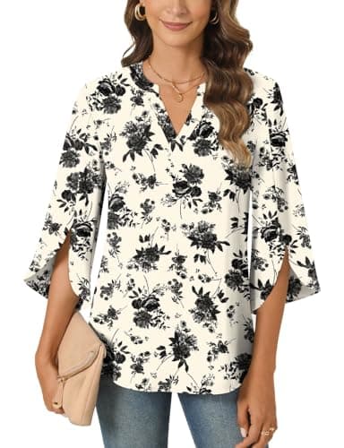 Anyally Women's Chiffon Blouses 3/4 Sleeve Summer Dressy Tunic Tops Casual Loose V Neck T-Shirts, M, Light Beige + Black Flower