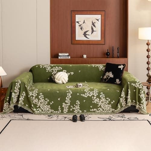 VClife Emerald Green Ginkgo Botanical Sofa Cover Non Slip Chenille Couch Cover for 3 Cushion Sofa, Vintage Floral Sofa Slipcover for Sectional Couch Washable Breathable Furniture Protector 71"×134"
