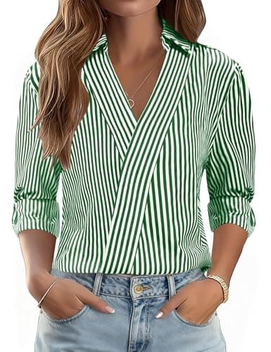 LOMON Shirts for Women 3/4 Sleeve Trendy Business Casual Work Tops Dressy V Neck Blouses 2026 Spring Summer Date Outfits (Green White Stripe,XL)