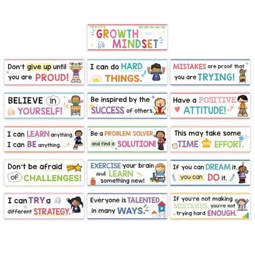 Zwttey 16Pcs Growth Mindset Bulletin Board Set, 3.46x10.5 inch Big Cards, Classroom Decoration Posters, Teacher Teaching Aids