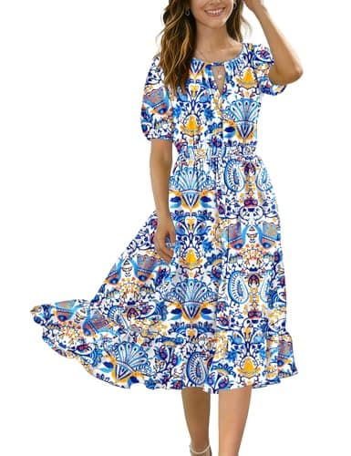 YESNO Women's Summer Floral Boho Flowy Midi Dresses Casual Puff Sleeve Elastic Waist A-Line Swing Beach Dress with Pockets L ECV CR471B