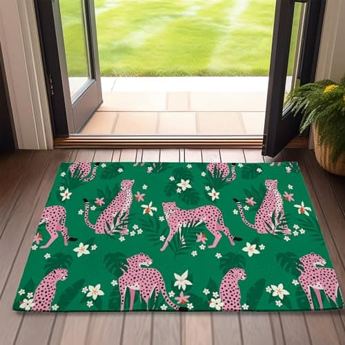 SPUNKER Door Mat,Pink Leopards Front Doormats 17''x30'',Tropical Flower Leaf Indoor Outdoor Entrance Welcome Mat,Low-Profile Floor Rugs for Entry Patio