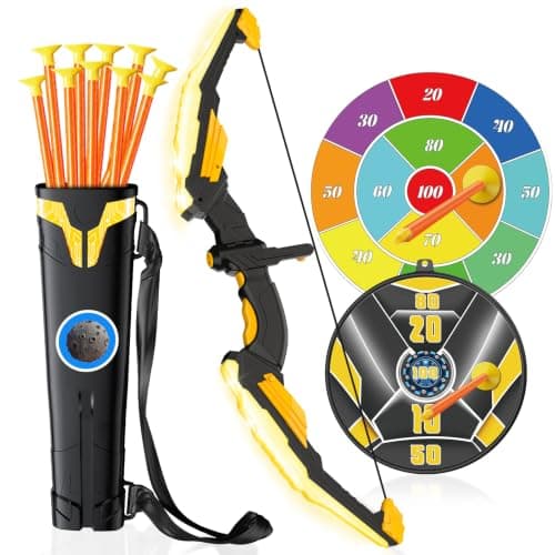 TIGTECGAME Bow and Arrow for Kids, LED Light Up Archery Set with 10 Suction Cup Arrows & 2 Targets, Indoor Outdoor Toys for Boys & Girls Ages 4 5 6 7 8 9 10 12, Backyard Shooting Game, Birthday