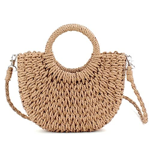QTKJ Mini Semi-circle Rattan Straw Handbags, Hand-woven Women Summer Retro Straw Tote Bag Beach Tote Shoulder Bag Crossbody Bag Round Handle Beach Handbags