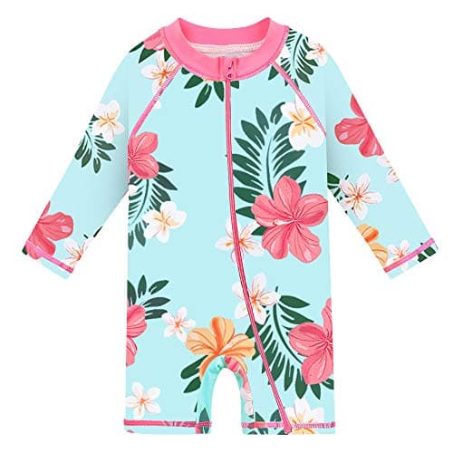 HUAANIUE Baby/Toddler Girl Swimsuit Rashguard Long Sleeve One-Piece Swimwear Cyan 6-12 Months