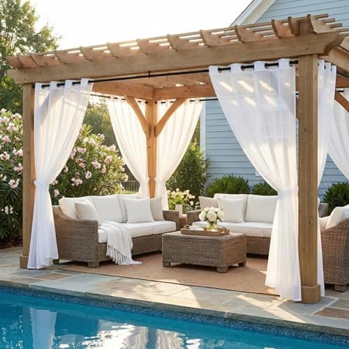 NICETOWN Outdoor Sheer Curtains for Patio Waterproof, 2 Panels Sheer Texture Curtain Panels for Gazebo, Porch, Pergola, Voile Drapes with Rustproof Grommets for Living Room, W54 x L96 inch, Ivory
