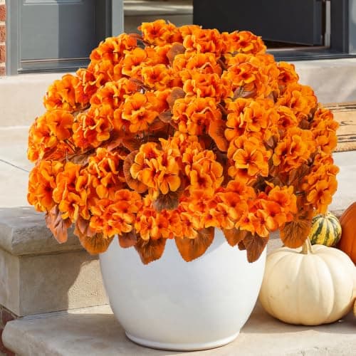 PABREY 12 Pcs Artificial Fall Flowers for Outdoors, Fake Geraniums Fall Faux Flowers Plants for Autumn Fall Front Porch Patio Balcony Yard Home Decor, Orange
