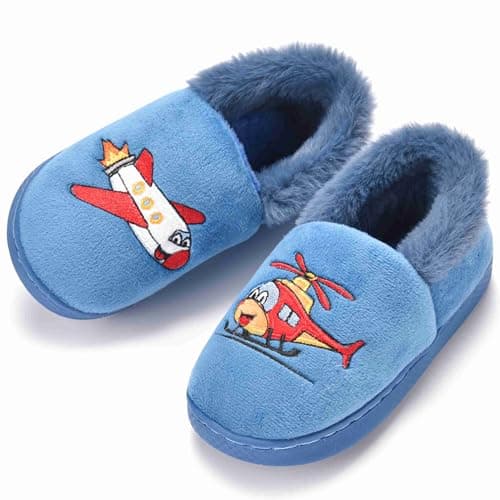 Ainikas Toddler Boys Girls Slippers Fluffy Little Kids House Slippers Warm Cute Animal Home Slipper, Air Plane-Blue 13.5-14 Little Kid