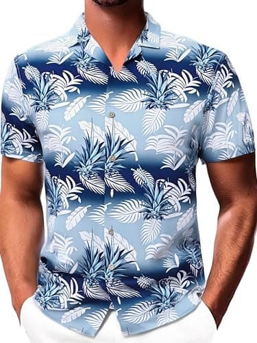 Damipow Hawaiian Shirt for Men Short Sleeve Beach Vacation Shirt Floral Summer Casual Button Down Shirts,Dark Blue,M