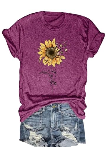 Women Crew Neck Sun Flowers Graphic Tshirt Summer Short Sleeve Tee Top