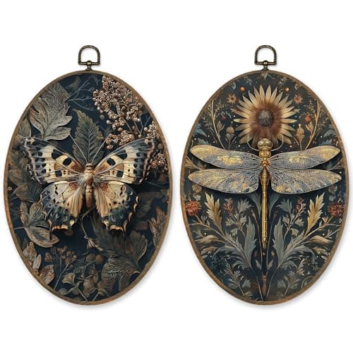 LKETW Vintage Moody Butterfly Dragonfly Oval Wall Art Decor, Dark Cottagecore Oval Canvas Hanging Decor, Rustic Wildflower Insect Wall Decorations for Home Living Room Bedroom, 8.6x11.4 Inch Set of 2