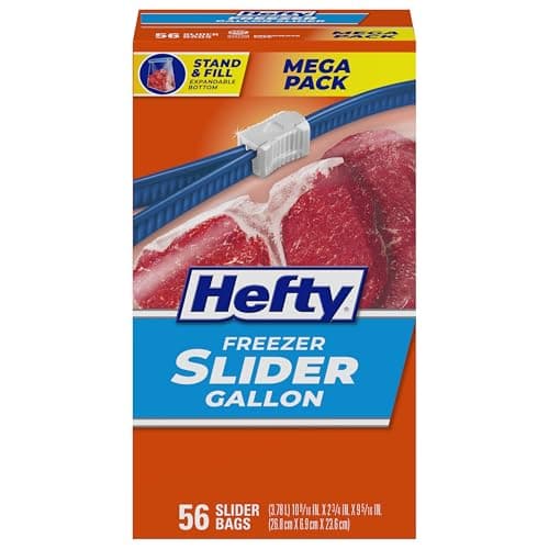 Hefty Slider 1 Gallon Freezer Bags, 56 Count, Gallon Slider Bags for Freezer, Holds Raw Meat, Soups, Prepped Fruits and Veggies, and More, Writable Label, Secure Zip and Click Closure