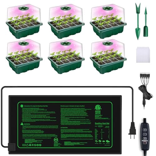 Seed Starter Trays with Grow Lights and Heat Mat, Plant Starting Kit 4 Timing Set Humidity Domes Heightened Lids for Small Mini Greenhouse Germination Seeds Growing Starting (6SET 6TRAY 72 SMALL CELL)