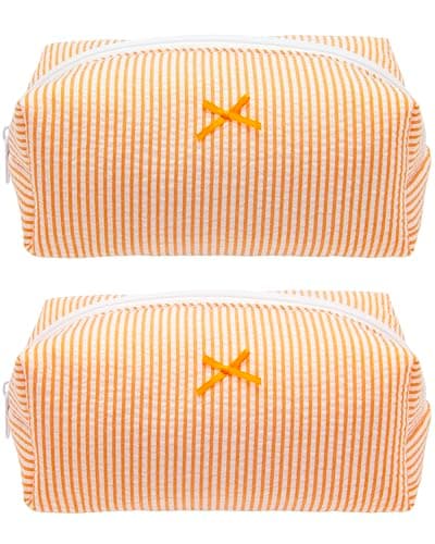 Cozy Makeup Bag for Women,Zipper Cosmetic Pouch,Stripe Orange,2 Pack