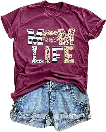 Women Mom Life T-Shirts Leopard Lips Stripe Graphic Shirts Funny Letter Printed Tee Mother's Day Casual Blouse