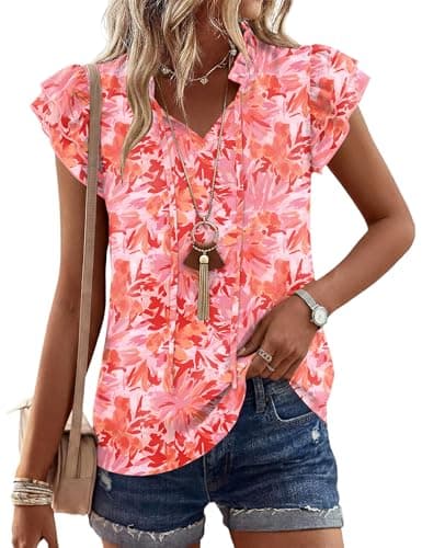LOMON Women's Ruffle Short Sleeve Summer Tops 2026 Trendy Floral V-Neck Tie Front Casual Dressy Chiffon Blouses（Red and Orange Floral Print,XXL