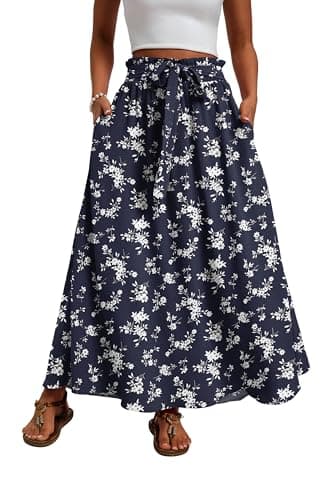 Mintreus Womens Maxi Skirt with Pockets Elastic Waist Pleated A Line Summer