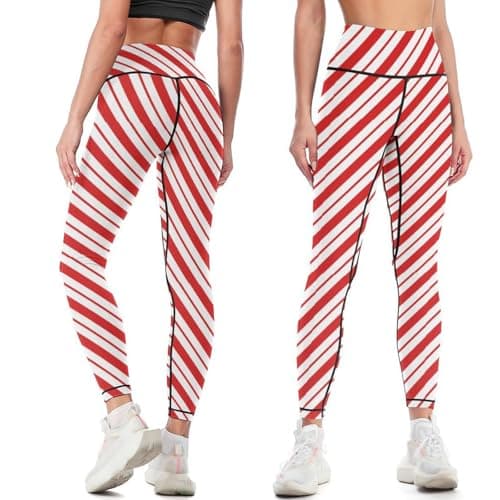 Sjazc Christmas Stripe Leggings with High Waist Tummy Control Womens Workout Legging Yoga Pants for Athletic Running Hiking 2XL