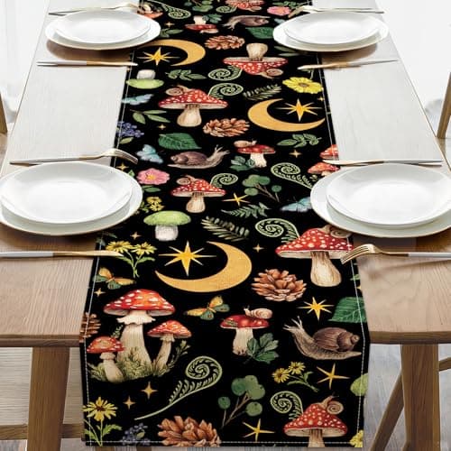 Croar Mystical Forest Mushroom Dining Table Runner, Fairy Tale Moon Stars
