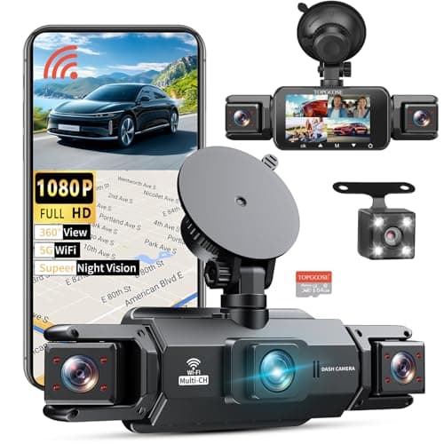 360° Dash Cam 4 Channel 5G WiFi & APP Control, Free 64GB Card, TOPGOOSE 2K FHD Front and Rear Inside, Left Right Dash Camera for Cars, G-Sensor, Loop Recording, 24H Parking Mode