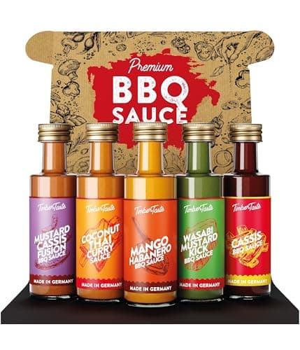 TIMBER TASTE® BBQ Sauce Offroad Sampler Set - 5 Exotic Grill Condiments Mustard Cassis Coconut Thai Curry Mango Habanero Wasabi Kick | Grilling Variety Pack - Birthday Gift for Him Dad Friend