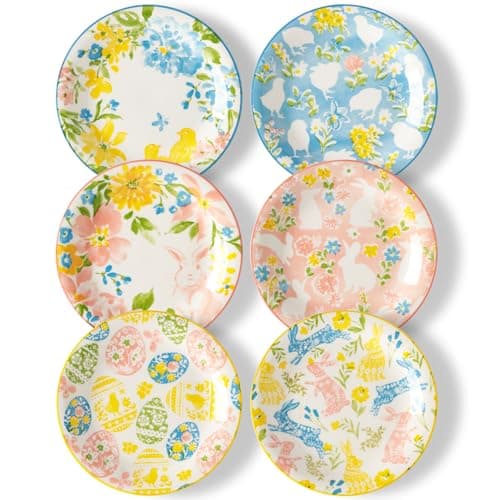 Metahom Easter Dinner Plates, 10" Ceramic Bunny Plate Set for Pasta, Steak, Salads, Dishwasher and Microwave Safe, Spring Watercolor Style, Set of 6