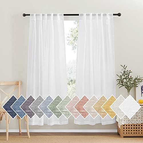 NICETOWN White Sheer Linen Curtains 72 inch Length 2 Panels, Rod Pocket & Back Tab Semi Sheer Light Filtering Linen Blend Window Drapes Privacy for Bedroom/Farmhouse, W42 x L72