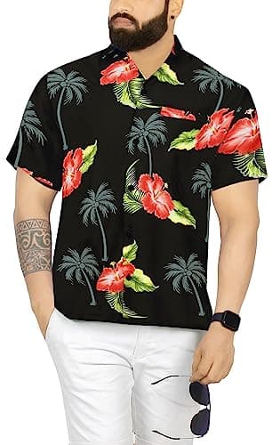 LA LEELA Men's Hawaii Shirt Button Down Boho Small Hibiscus Palm Black