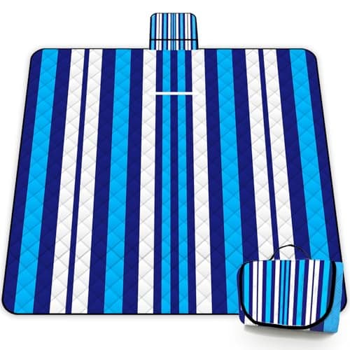 Poedist Extra Large Picnic Blanket Waterproof,60"x 80"Foldable Machine Washable Beach Blanket,Outdoor Blanket for 6-8 Adults,Suitable for Crawling,Park Beach,Camping,Hiking,Travel(Blue and White)