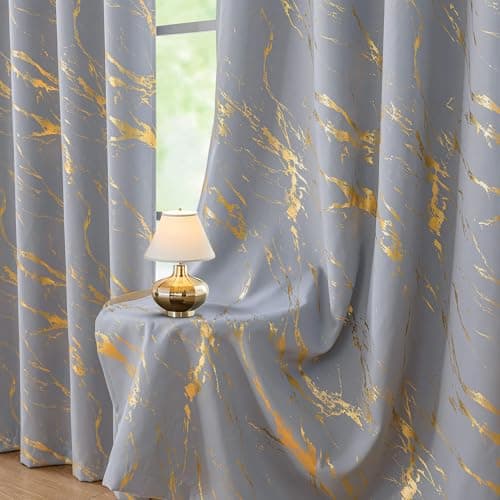 WUBODTI Grey Marble 100% Blackout Curtains Grommet Bedroom 54 inch 2 Panels