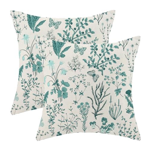 AEIOAE Summer Pillow Covers 20x20 Inch Set of 2,Teal Green Wild Flower Plant Throw Pillows Case,Seasonal Floral Outdoor Decorative Square Linen Farmhouse Decor Cushion Covers for Home Sofa Bed Couch