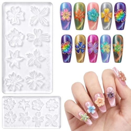 2Pcs 3D Flower Mold for Nails, Silicone Nail Art Molds with 8 Floral Design