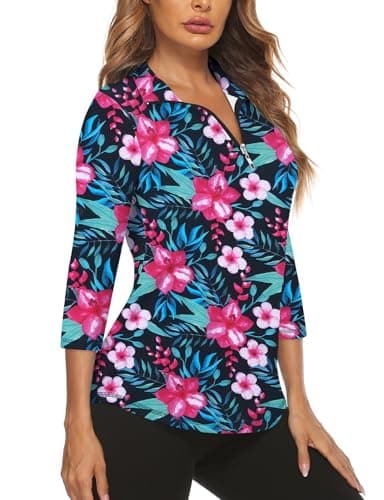Koscacy Bowling Shirts for Women, Running Sports Tennis V-Neck Lightweight Casual Zipper Shirts Golf&Tennis Outdoors Sports Colthes for Teens Black Medium